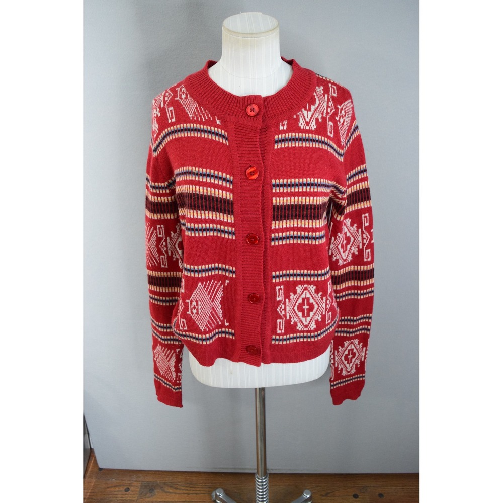 Parker Blue Cardigan Sweater Medium 100% Cashmere Women Red Geometric Button